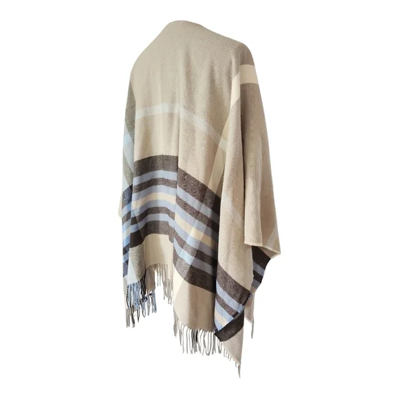 Plaid Woven Acrylic Ruana Poncho Blanket Wrap Fringe Kimono OS - Picture 3 of 7